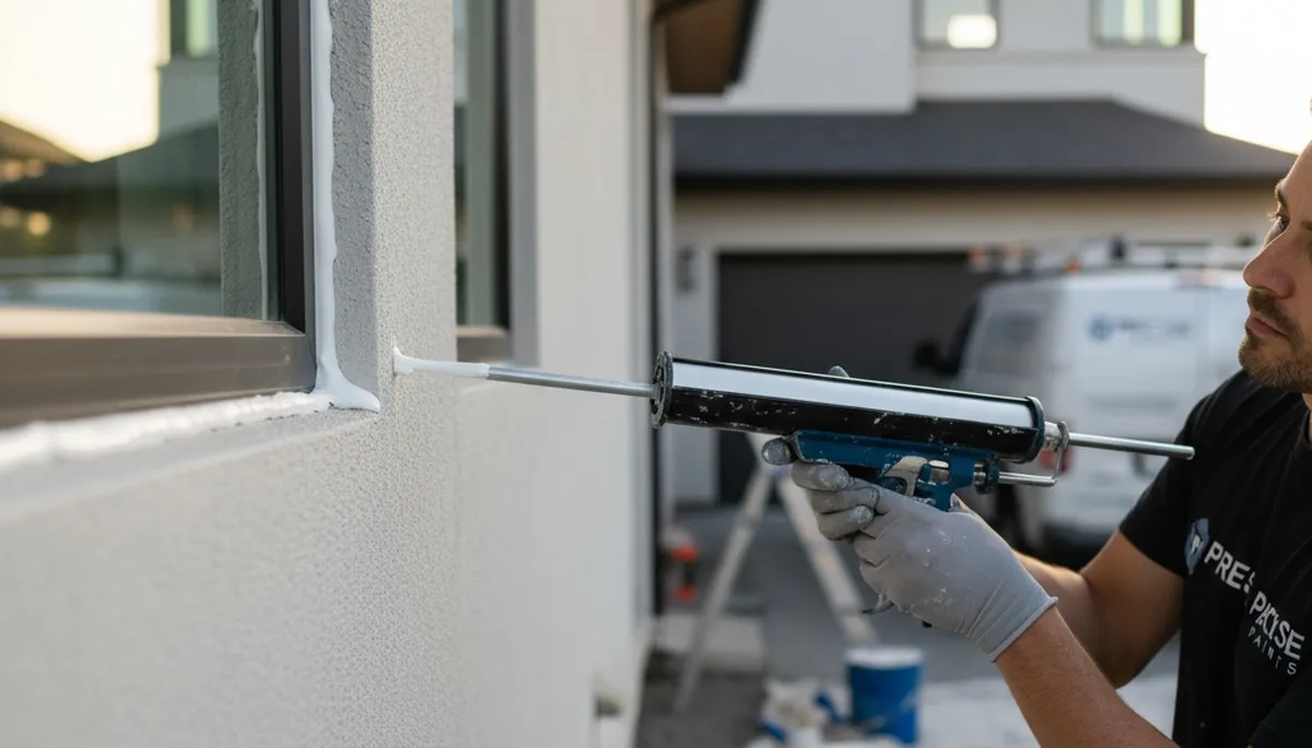 Professional caulking and sealing on Olathe KS home exterior to prevent moisture and improve durability