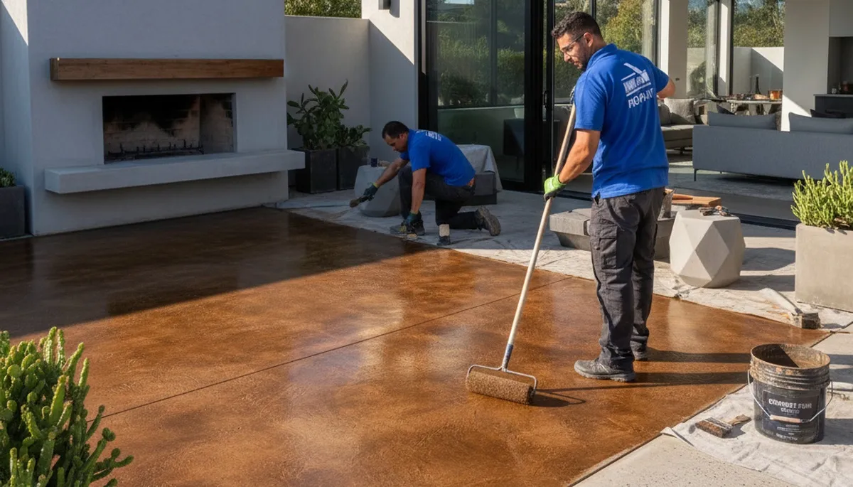 Professional concrete staining on residential driveway in Olathe, KS for durable, weatherproof finish