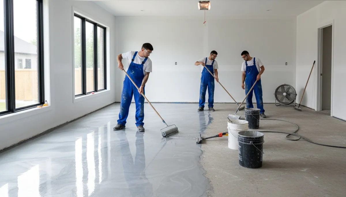 Epoxy floor coating in Olathe KS garage with durable finish by local house painting experts