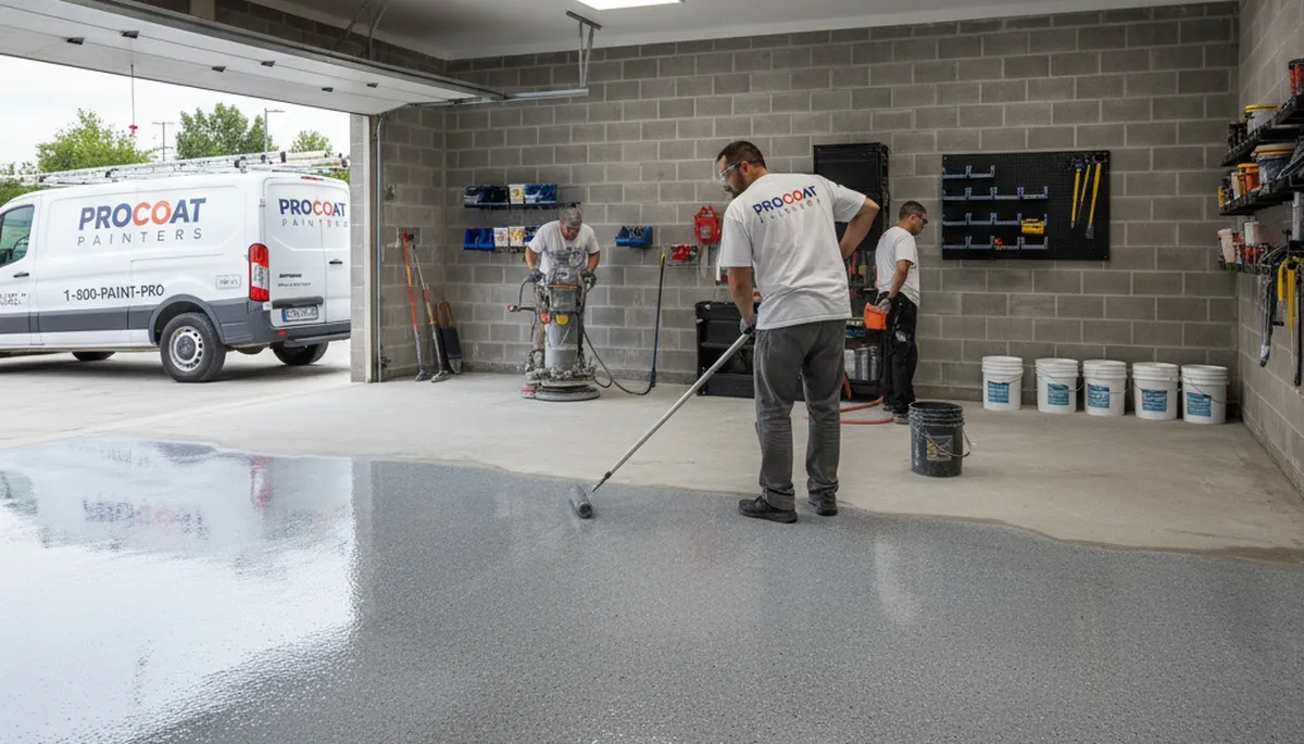 Professional epoxy garage floor coating by house painters in Olathe, KS for durable, sleek finish