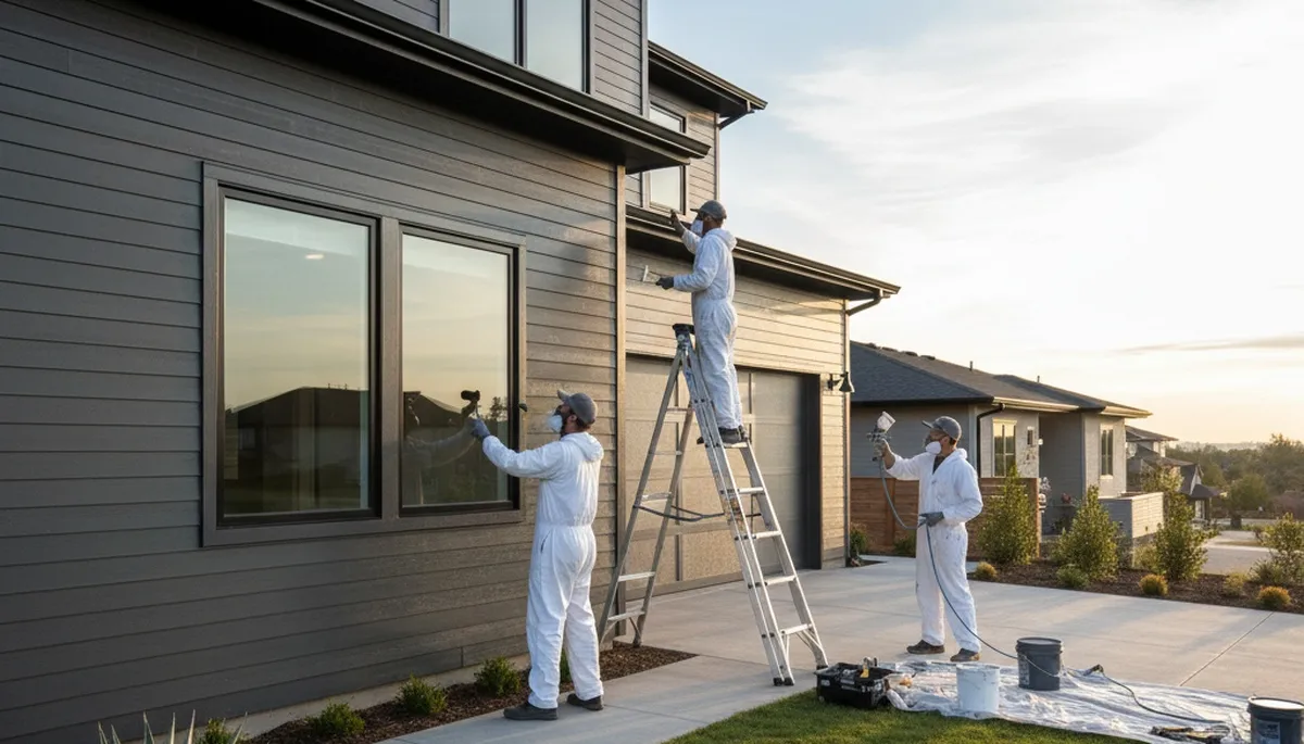 Professional siding painting on a two-story home in Olathe, KS by expert house painters