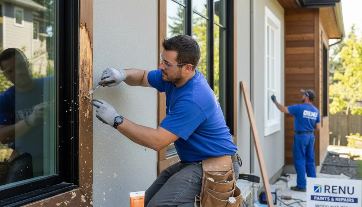 Painter repairing wood rot on home siding in Olathe, KS with professional restoration tools